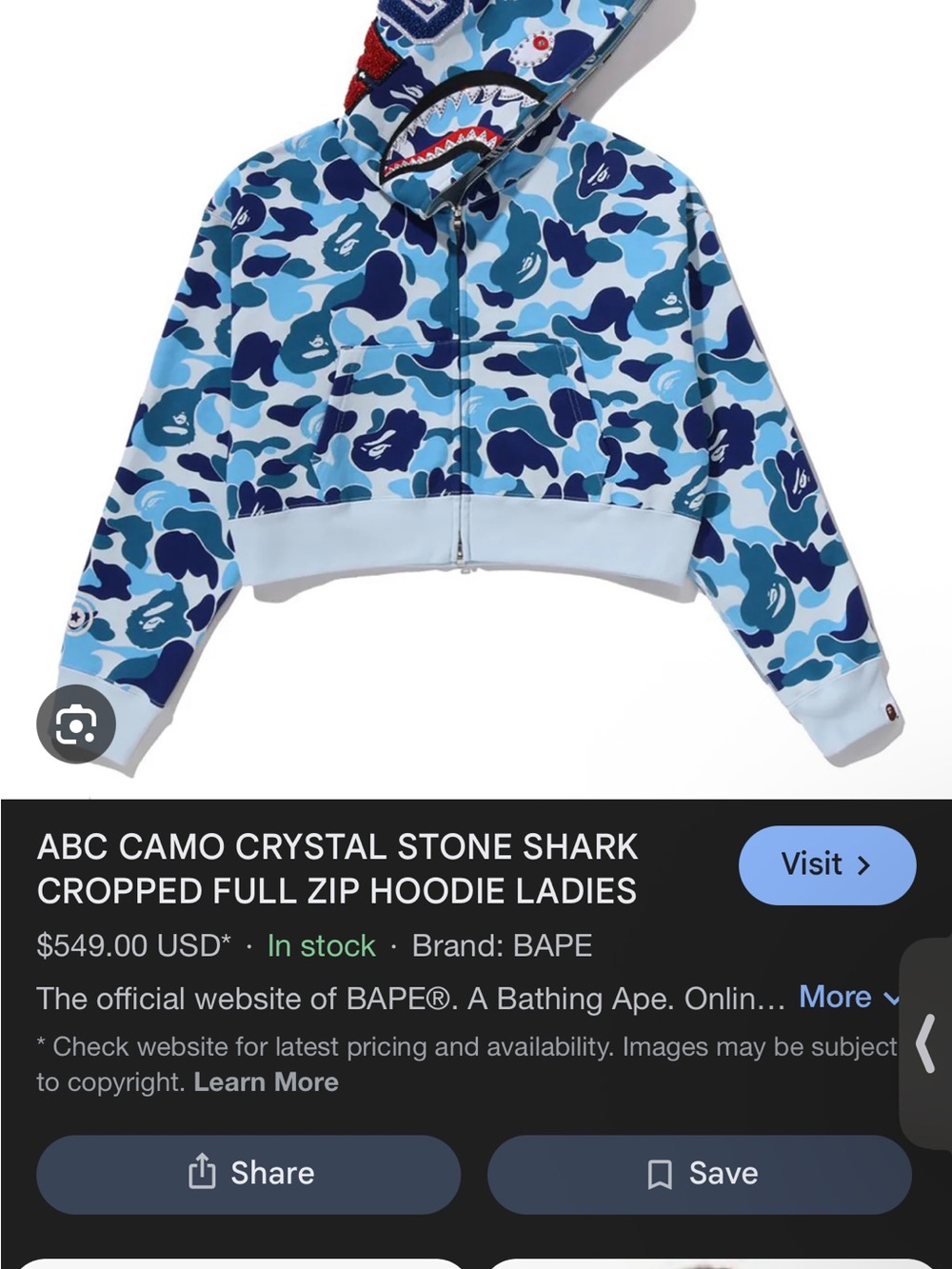 Bape Ladies' ABC Camo Shark Cropped Zip Hoodie - Light Blue & Navy Camo WOMENS